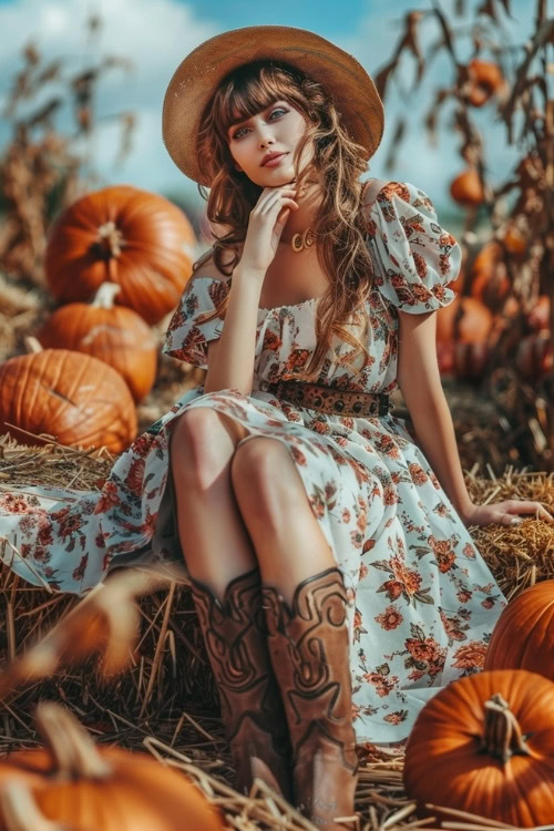 a woman wears a floral dress and brown cowboy boots