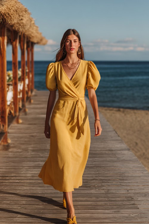 A woman wears a sunflower yellow midi dress with puff sleeves and a tie waist, styled with espadrille wedges and beach-inspired jewelry