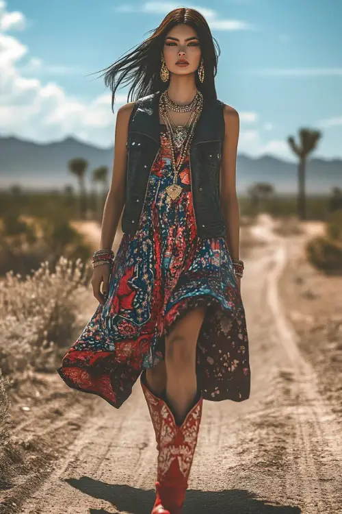 A festival-inspired outfit featuring a leather vest over a bohemian midi dress, styled with red cowboy boots and a bold statement necklace (2)