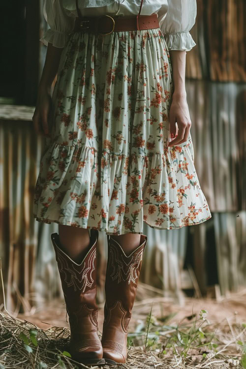 A woman wears pleated floral skirt with a white blouse