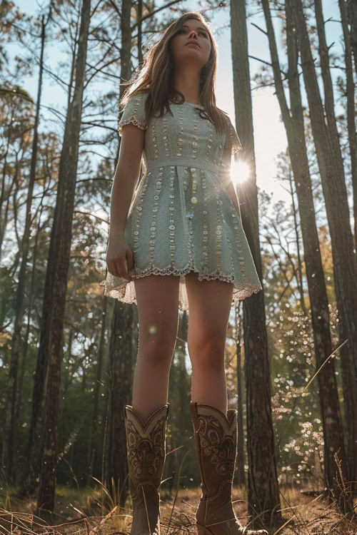 A woman wears brown cowboy boots with an eyelet light blue dress