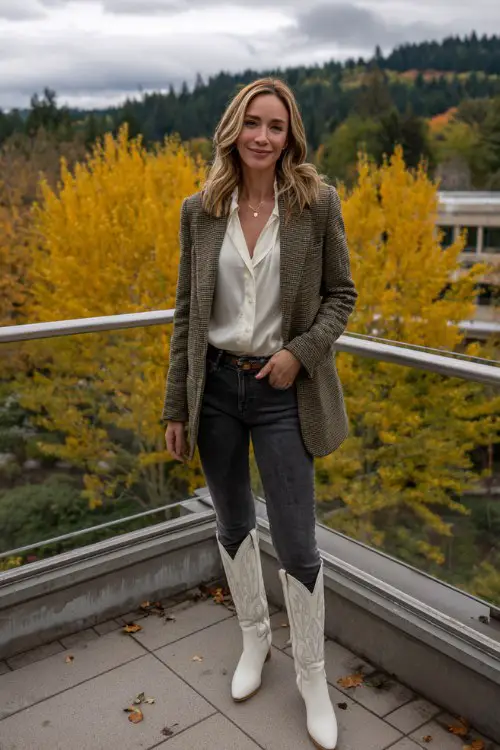 A woman over 40 wears white tall cowboy boots with dark jeans, a silk blouse, and a wool blaze
