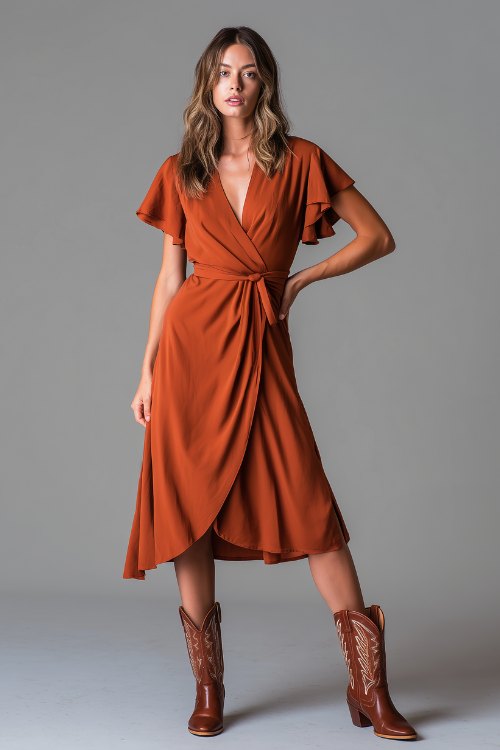 A woman in a rust-colored wrap midi dress with flutter sleeves and a waist tie, paired with classic brown cowboy boots