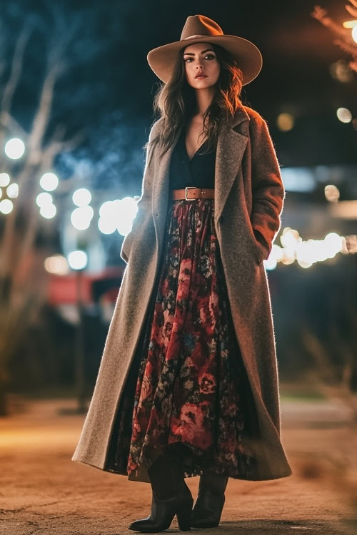 A woman in a belted wool coat, a floral maxi skirt, and western ankle boots