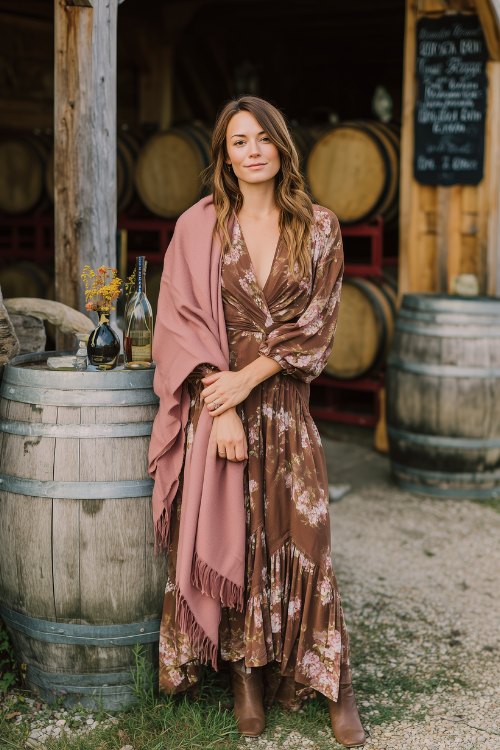 a woman in a chocolate floral chiffon dress with ruffled layers and long sleeves, styled with a dusty pink pashmina wrap