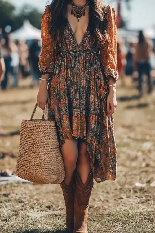 A stylish woman in a boho-print midi dress, paired with suede cowboy boots and a woven tote bag, standing at a spring Coachella concert