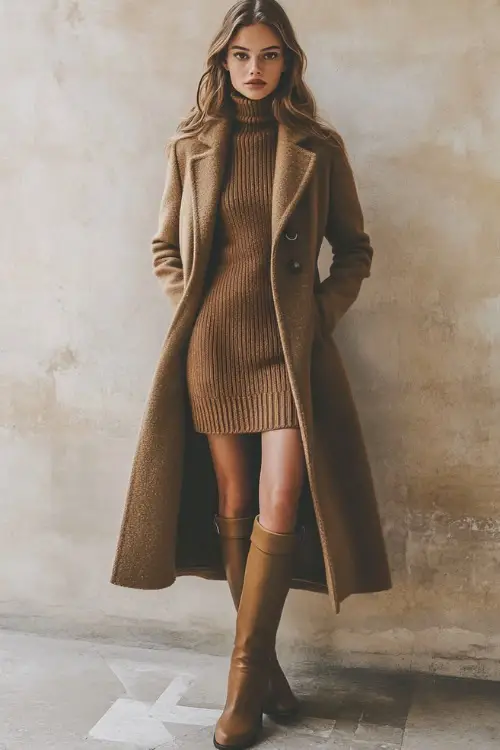 A woman wearing a fitted turtleneck sweater dress paired with knee-high boots and a long wool coat