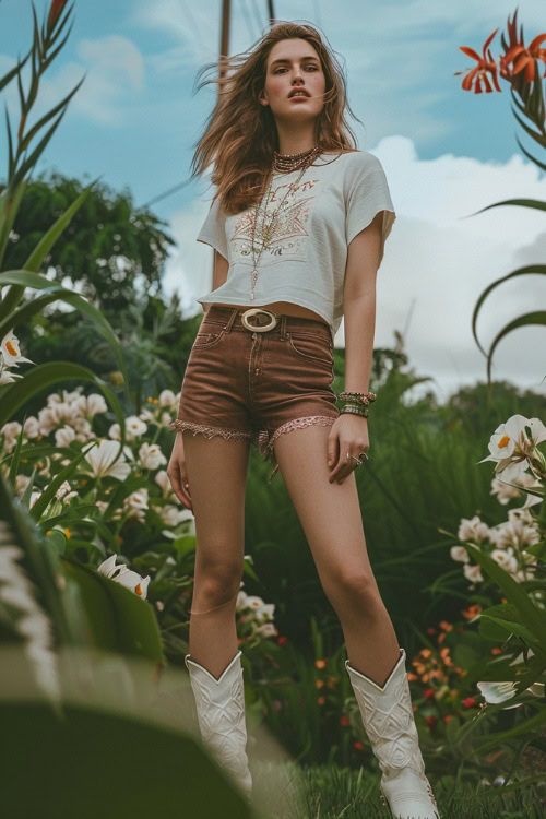 A woman wears white cowboy boots with shorts and a simple white tee