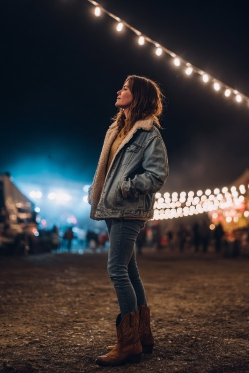 A woman wears a sherpa-lined denim jacket over a knit sweater, paired with skinny jeans and distressed cowboy boots