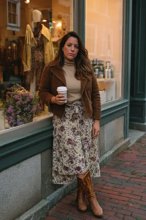A curvy woman wears brown tall cowboy boots with a floral midi skirt, a beige turtleneck, and a cropped suede jacket
