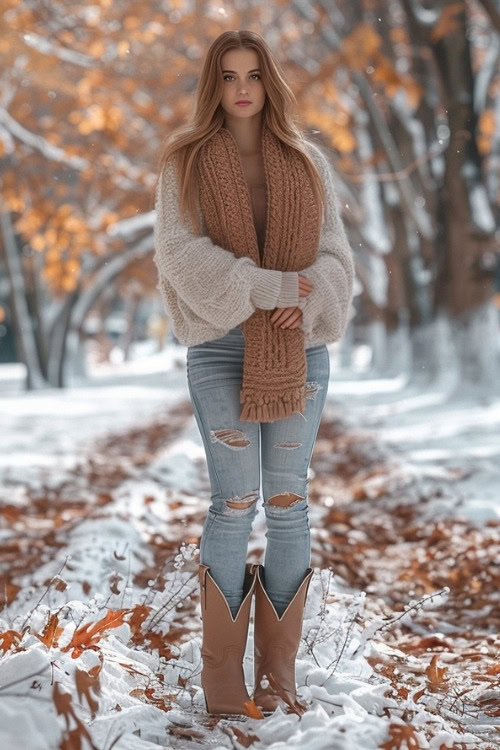 a woman wears a sweater, ripped jeans and brown cowboy boots (7)