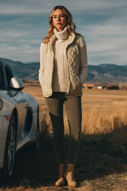 Woman in a cream turtleneck sweater, quilted vest, skinny jeans, and suede ankle boots, standing beside a car in a countryside setting