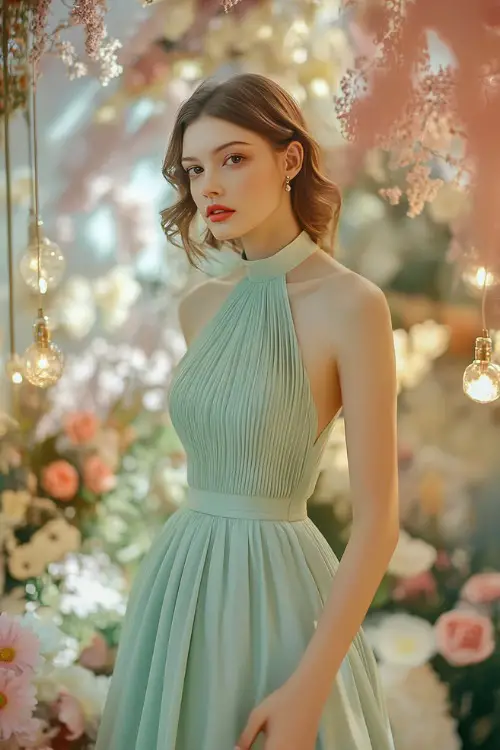 A chic woman in a pastel mint green sleeveless midi dress with a halter neckline, a scalloped hemline, and subtle pleats (2)