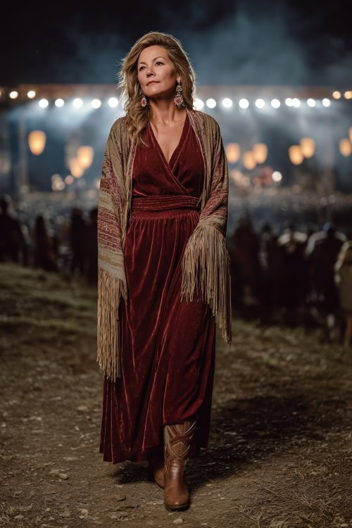 A woman over 50 wears a long velvet dress with a fringed shawl, styled with tall cowboy boots and statement earrings, standing in front of a country concert stage glowing with night lanterns