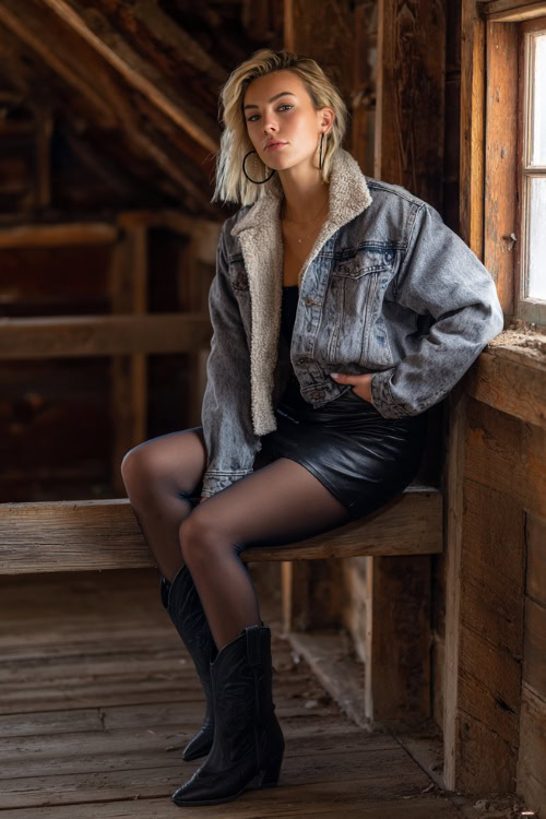 A woman wears a sherpa-lined denim jacket, leather mini skirt, tights, and pointed cowboy boots, styled with hoop earrings in a rustic wooden barn setting