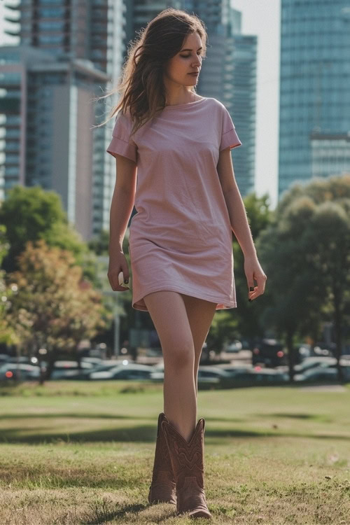 A woman wears brown cowboy boots with a pink t-shirt dress
