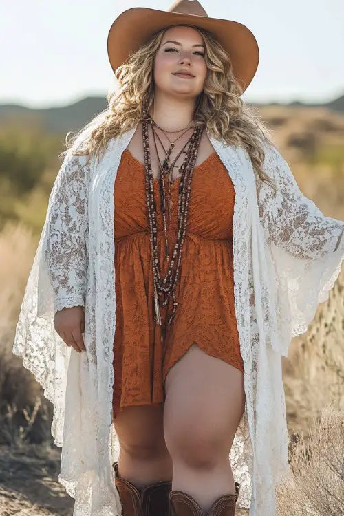 A free-spirited plus-size woman in a white lace kimono over a burnt orange romper, accessorized with brown cowboy boots and layered necklaces