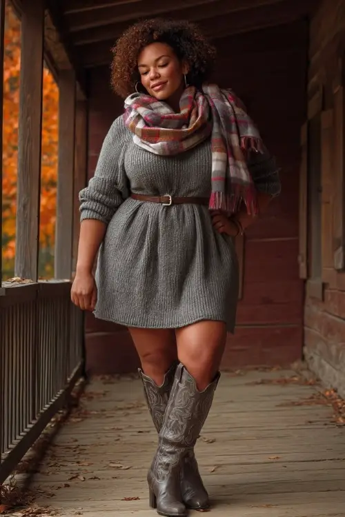 A plus-size woman wears a knit sweater dress belted at the waist, plaid scarf draped over her shoulders, and classic cowboy boots, standing on a wooden porch with fall leaves