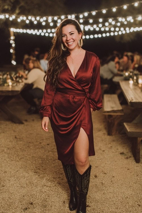 A curvy woman wears a burgundy satin wrap dress with a slit, styled with tall black cowboy boots and gold hoop earrings