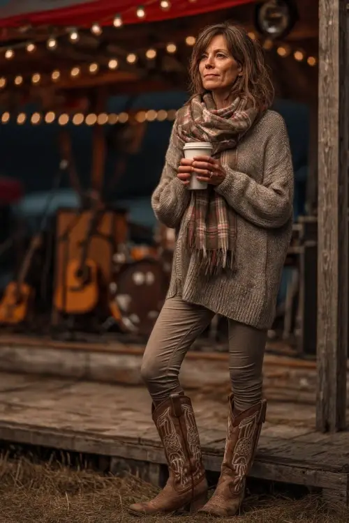 A woman over 40 wears a tunic sweater with leggings, cowboy boots, and a plaid scarf, holding a hot drink at a rustic fall concert setup