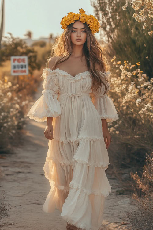 A romantic Coachella look featuring a flowy ruffle-trim maxi dress with puff sleeves and a pale yellow flower crown