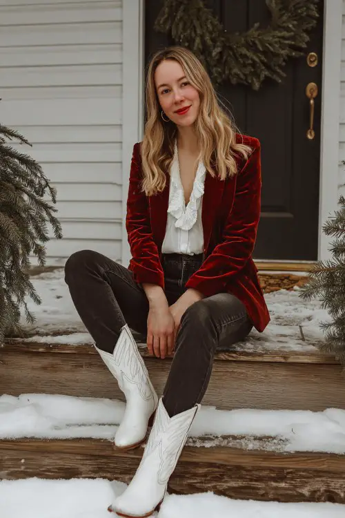 A woman wears dark jeans with a red velvet blazer, a white blouse, and white cowboy boots