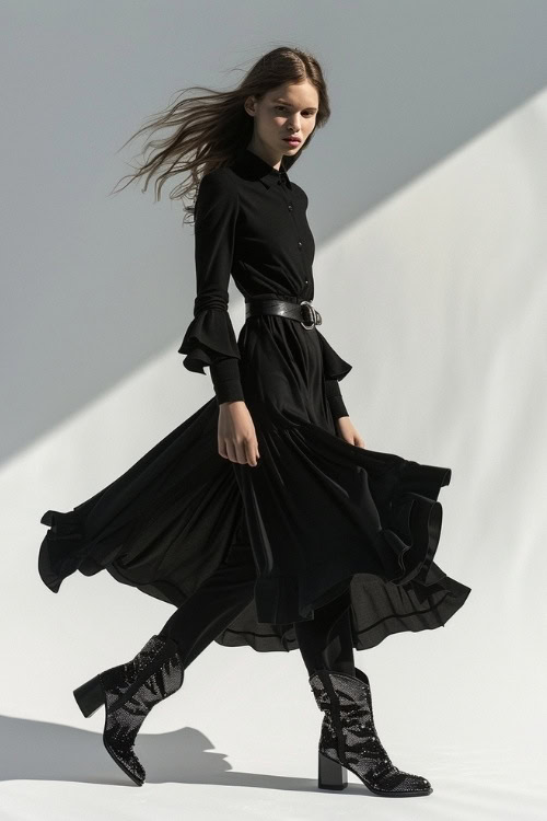 a woman wears sparkly black cowboy boots with a long black dress
