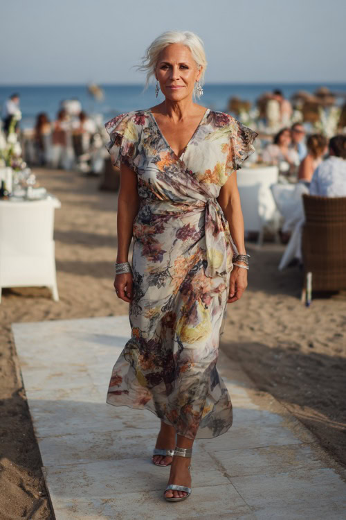 A woman over 50 wearing a floral-printed chiffon midi dress with ruffle sleeves and metallic sandals, walking along a beachside cocktail wedding setup