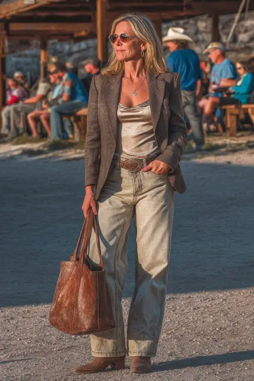 A woman over 50 wears wide-leg jeans with a structured blazer over a silky camisole, styled with cowboy boots and a leather tote, standing at a lively country concert venue