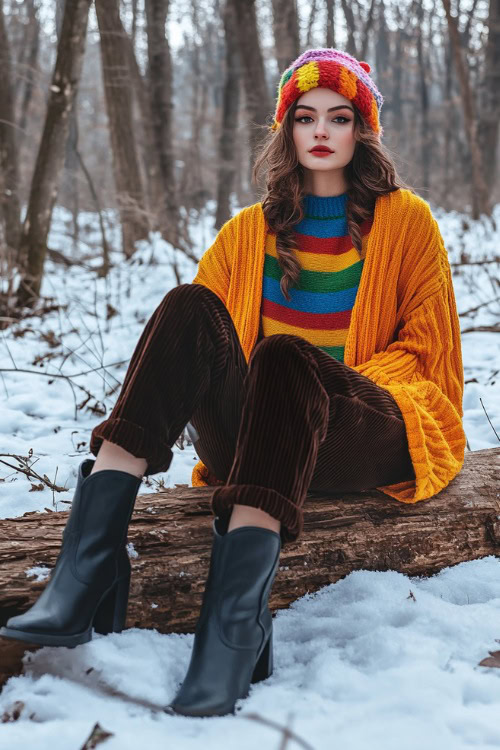 A playful winter look featuring black short cowboy boots, a brightly colored oversized cardigan, a thermal top, high-waisted corduroy pants, and a pom-pom beanie