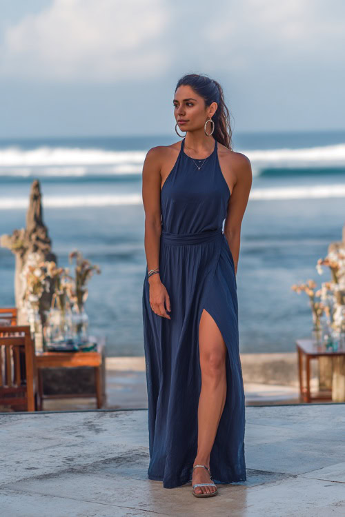 A woman wears a navy blue sleeveless maxi dress with side slits, paired with silver sandals and hoop earrings, posing near a decorated seaside altar with ocean waves behind her