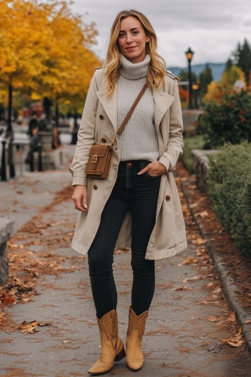 a woman wears a gray sweater, black jeans, trench coat and brown cowboy boots for cold weather