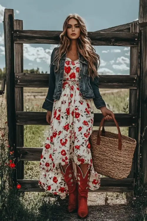 A boho-inspired rodeo look with red cowboy boots, a flowy floral-print maxi skirt, and a fitted denim jacket