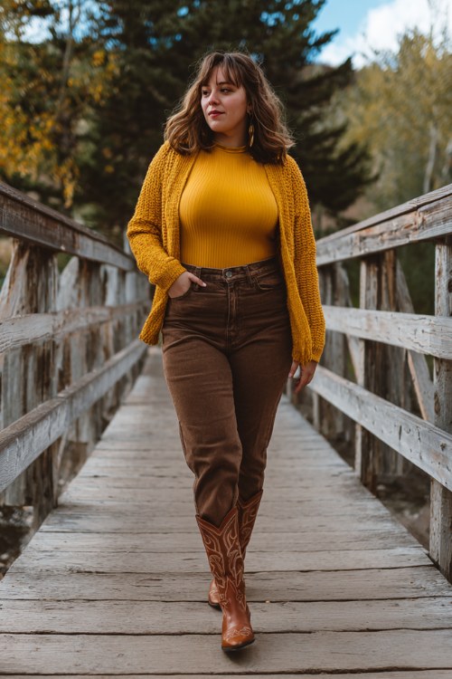 A curvy woman wears cuffed jeans with tall brown cowboy boots outfit for fall, layered with a mustard yellow cardigan over a fitted turtleneck