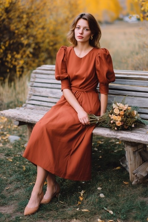 a woman wears a rust wedding guest dress with puff sleeves and matching flats
