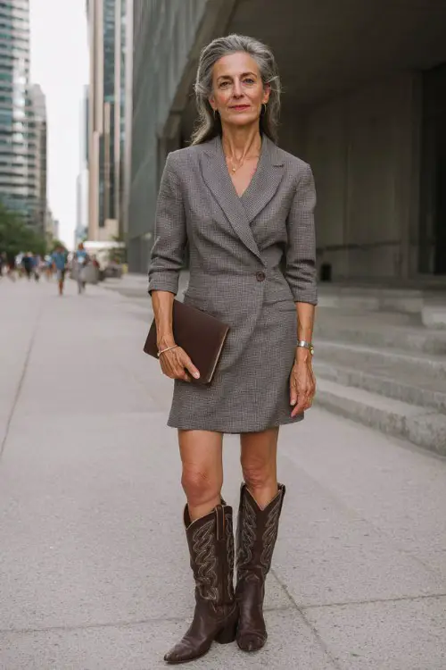 A woman over 40 wears a tailored gray blazer dress with dark brown cowboy boots and a simple clutch