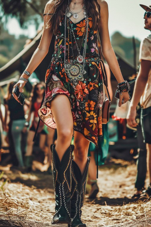A woman wears black cowboy boots with a black floral dress
