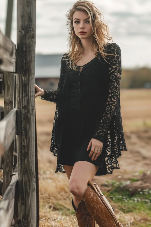 a woman wears a lace black cardigan, a black dress with brown cowboy boots