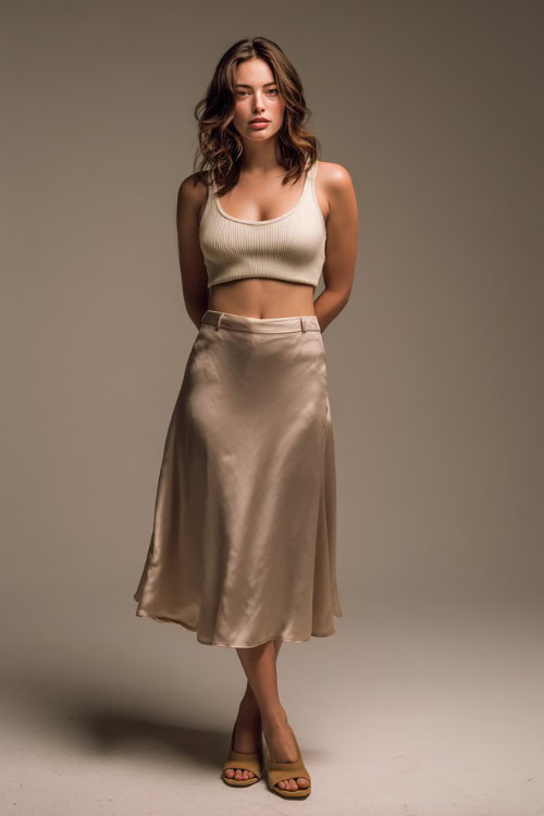 A mid-size woman wearing a silky midi skirt with a cropped knit tank and heeled mules, styled for an effortlessly elegant summer evening, simple studio background