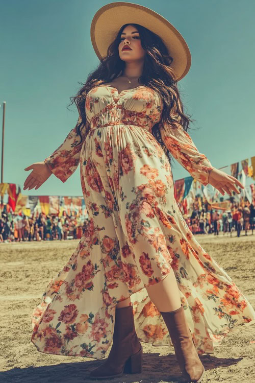 A plus-size woman in a modest floral maxi dress with long sleeves and a high waist, accessorized with ankle boots and a wide-brim hat, posing under Coachella flags