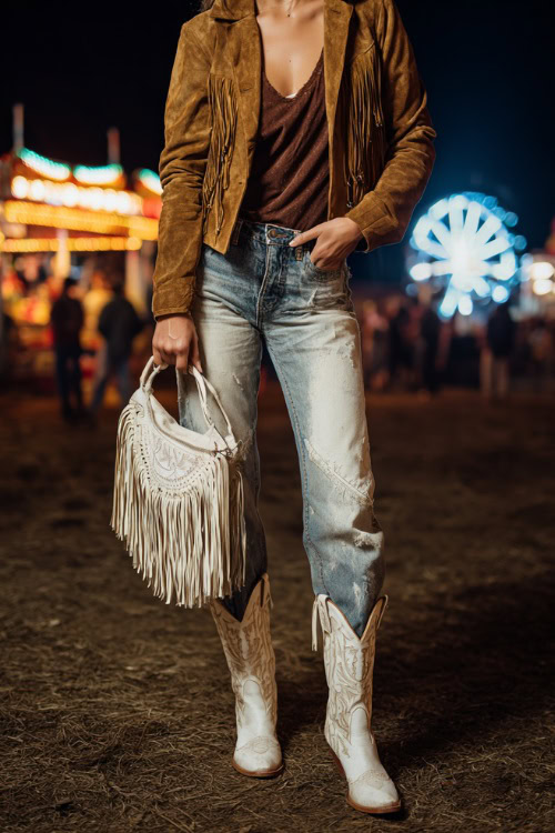A woman wears distressed denim jeans with a suede jacket and white embroidered boots