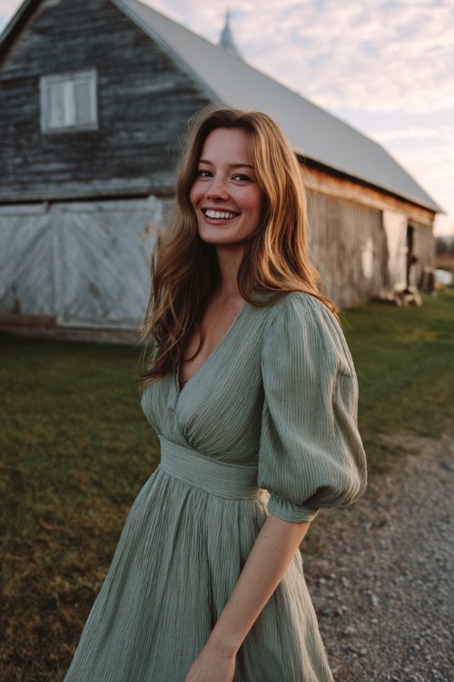 A woman wears a sage-green pleated dress with puff sleeves