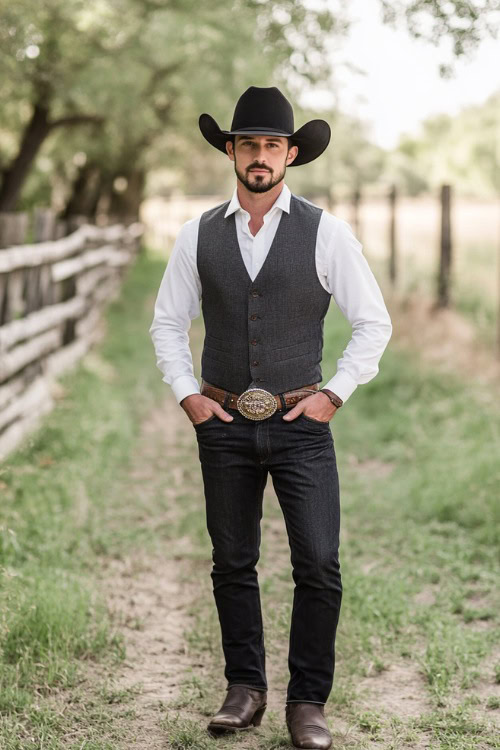 A man pairs the jeans with cowboy boots, cowboy hat, a fitted white dress shirt, a gray tweed vest, and a brown leather belt with a silver buckle