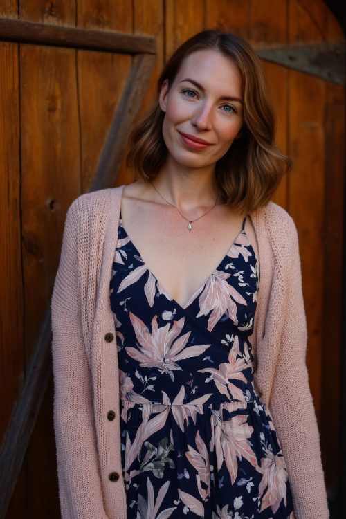 A woman in a navy and blush botanical print slip dress with a cardigan over her shoulders