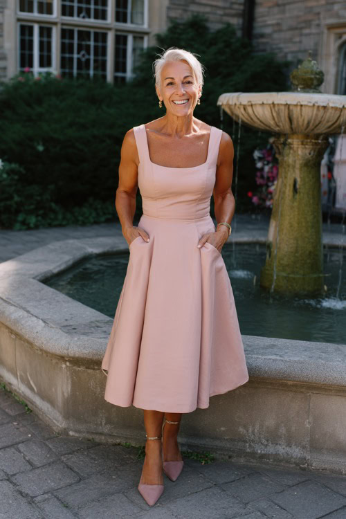 A woman over 50 in a blush pink fit-and-flare midi dress with a square neckline and low block heels, posing by a stone fountain at a summer courtyard wedding