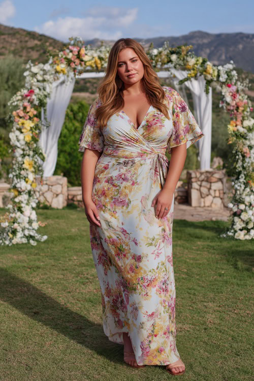 A plus-size woman wearing a floral wrap maxi dress with flutter sleeves and wedge sandals, standing beside a white floral arch at an outdoor summer wedding