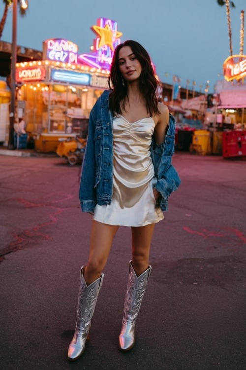 A woman wears a satin mini dress with metallic tall cowboy boots and a denim jacket