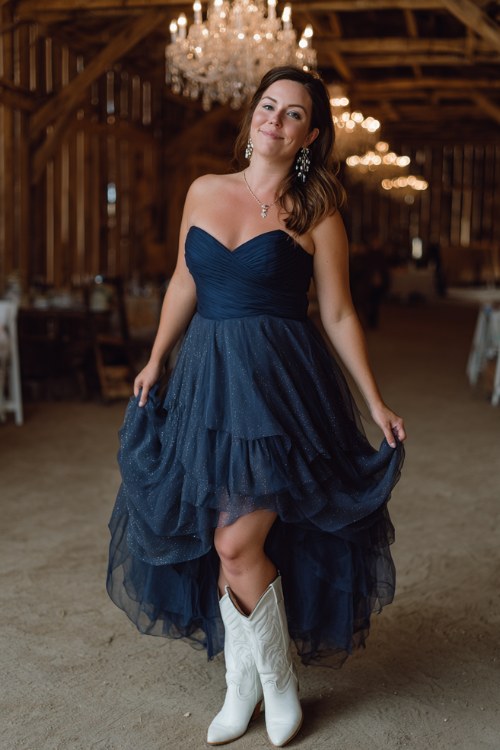 A plus-size woman wears a navy tulle gown with subtle glitter woven through the layers, paired with white cowboy boots and a satin wrap