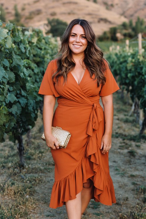 A curvy woman wears a burnt orange wrap dress with tiered ruffles along the hem