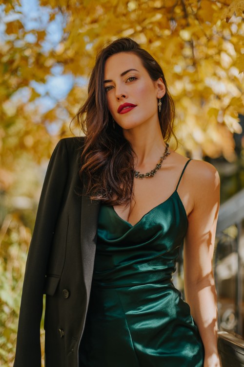 A woman wears a deep emerald green satin gown with a draped neckline, styled with a black tailored blazer and statement necklace
